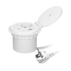 Zápustná zásuvka Ø8cm do desky stolu s indukční nabíječkou, 1x 230V, 2x USB A/C nabíjecí, kabelová průchodka a kabel 1.8m, barva bílá