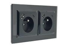 Zásuvka ve skleněném rámečku, 2x 230V/16A s USB A+C nabíječkou, pod omítku, barva černá