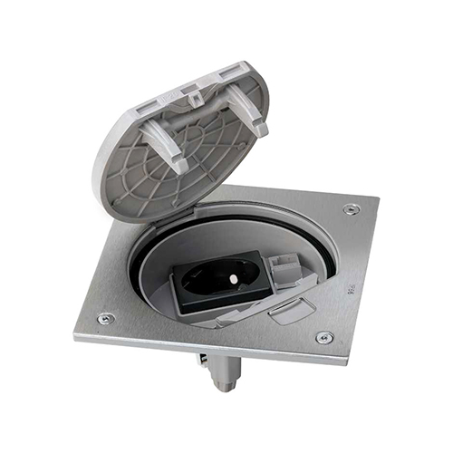 Podlahová nerezová zásuvka 1x 250V + 1xRJ45, manuální zámek, IP66, 135x135 mm, pro lité podlahy