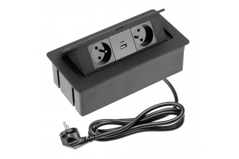 Výklopná zásuvka 2x 230V, 2x USB A+C nabíjecí 15W, barva černá, kabel o délce 1.5m