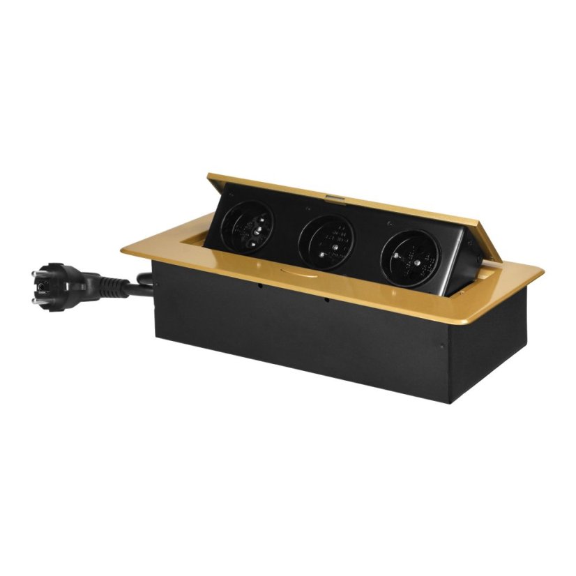 Výklopný zásuvkový blok, 3x 230V, zaoblené hrany horního krytu, kabel 1.5m, barva zlatá