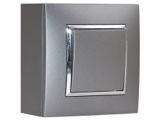 Vypínač nástěnný, řazení č.1, instalace na omítku, matné šedé metalizované barvy se stříbrným lesklým ozdobným rámem