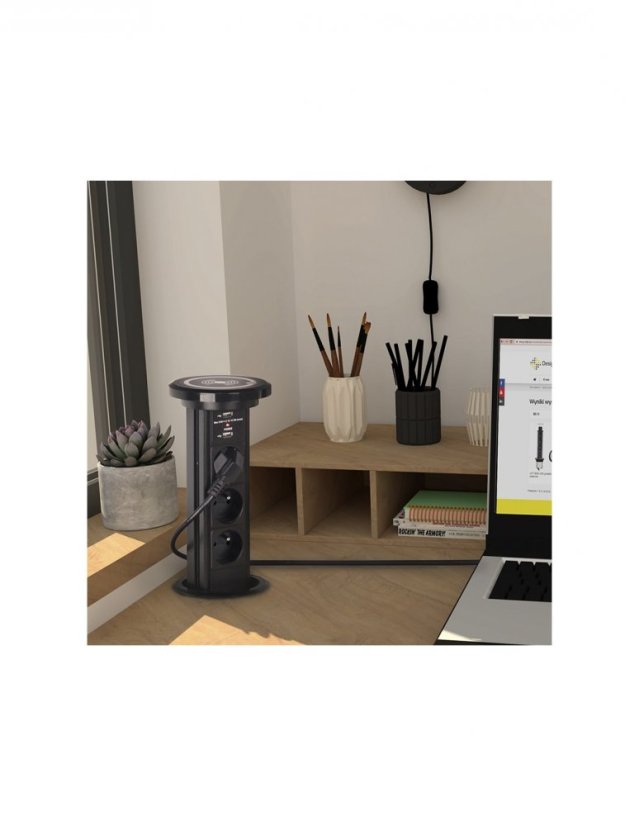 Automaticky výsuvný blok LIFT BOX USB, 3x zásuvka 230V, 2x USB nabíjačka + bezdrôtová nabíjačka, kábel 2m, farba čierna