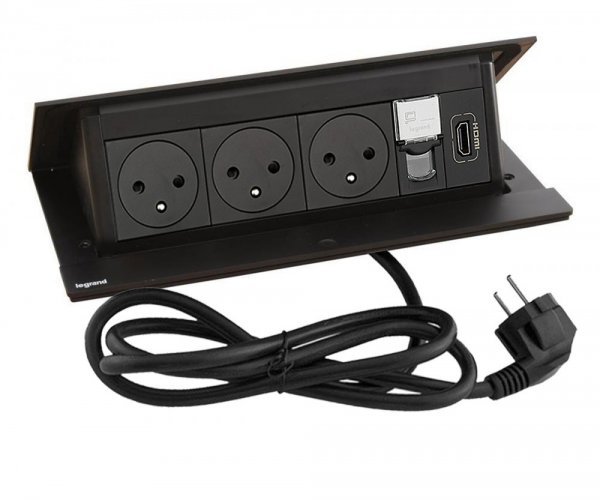 Pop-up blok INCARA 3x zásuvka 250V surface, 1x RJ45, 1x HDMI + montážní rám, barva černá, kabel 2m