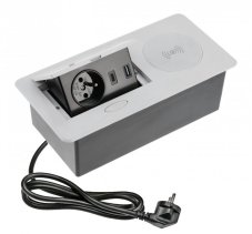 Výklopný blok AVARO PLUS, 1x 230V, 2x USB-A/C nabíjecí, 1x bezdrátová nabíječka Qi, kabel 1.5m, barva stříbrná