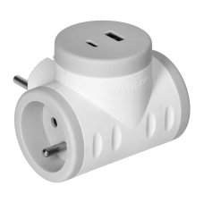 Rozbočka do zásuvky 2P+E s 2xUSB A+C nabíječkou, Quickcharge, barva bílo-šedá
