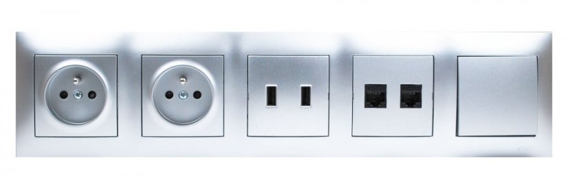 Nástenný blok 2x zásuvka 250V/16A, 2x USB port nabíjací, 2x RJ45, 1x vypínač radenia č. 1, bez kábla, farba strieborná