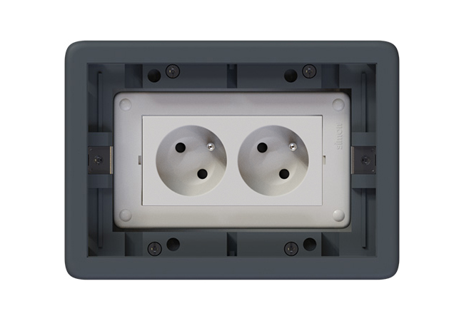 Podlahová zásuvka SF 187x132 mm, 2x 250V/16A (zásuvky bílé, nožové svorky), barva boxu šedá, pro zvýšené podlahy