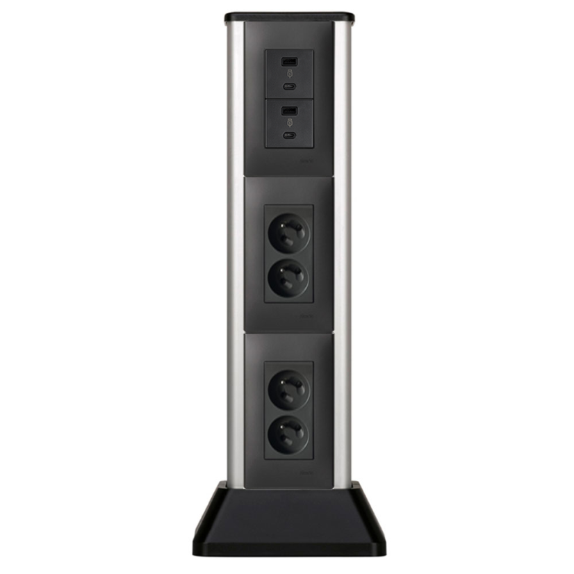 Hliníkový stĺpik MINI, 4x zásuvka 250V, 2x USB A+C nabíjačka, pre montáž na podlahu