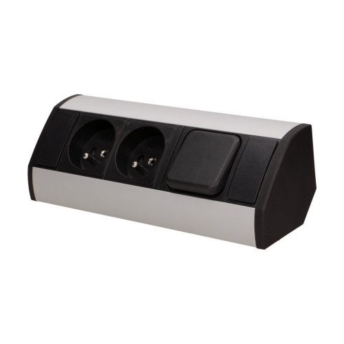 Rohový zásuvkový blok, 2x zásuvka 230 s vypínačem, černo-stříbrná barva