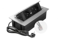 Výklopná zásuvka MULTISOFT, 2x 230V, USB A/C nabíjačka, RJ45, farba strieborná, kábel o dĺžke 1.5m