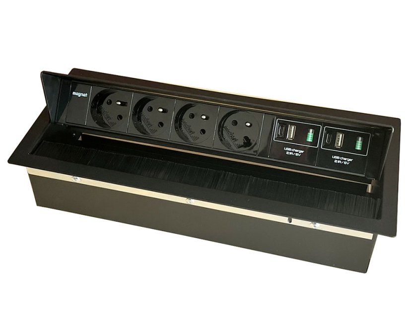 Výklopná zásuvka MAGNAT-BOX 4× 230 V + 2× USB-A a USB-C, barva černá, kabel 2m