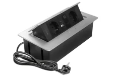 Výklopná zásuvka MULTISOFT, 2x 230V schuko,  USB A/C nabíječka, RJ45, barva stříbrná, kabel o délce 1.5m