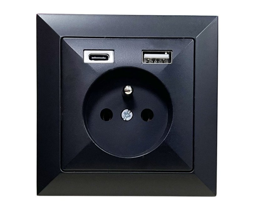 Zásuvka v rámečku, 1× 230 V / 16 A s USB A+C nabíječkou, série Pearl, pod omítku, barva černá