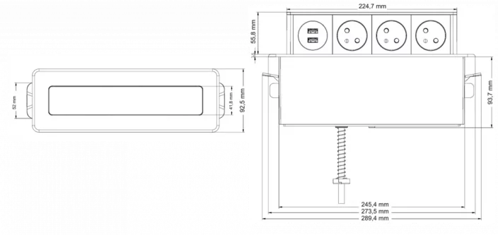 Výsuvný obdélníkový blok, 3x zásuvka, 2x USB nabíjecí, hliník, kabel 2m