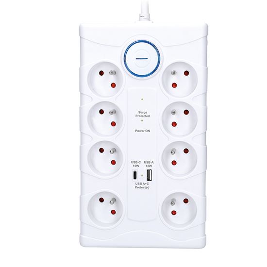 Přepěťová ochrana, 8x zásuvka 230V , USB A+C nabíječka 5V/3.4A, kabel 2m, barva bílá