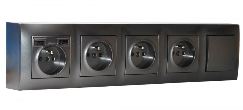 Zásuvkový blok nástenný 4x 250V / 16A s clonkami + 2x USB nabíjačka, 1x vypínač č.1, bez kábla, farba antracitová metalíza