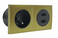 Zásuvkový blok zapuštěný ve zlaté barvě, 1x zásuvka 250V + 2x USB-A nabíječka, kabel 1.5m