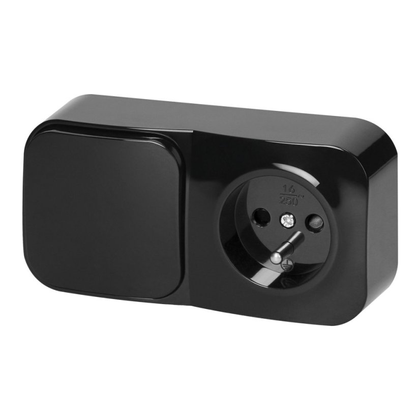 Jednopólový vypínač + zásuvka 230V, nástěnná, krytí IP20, ToDo, barva černá