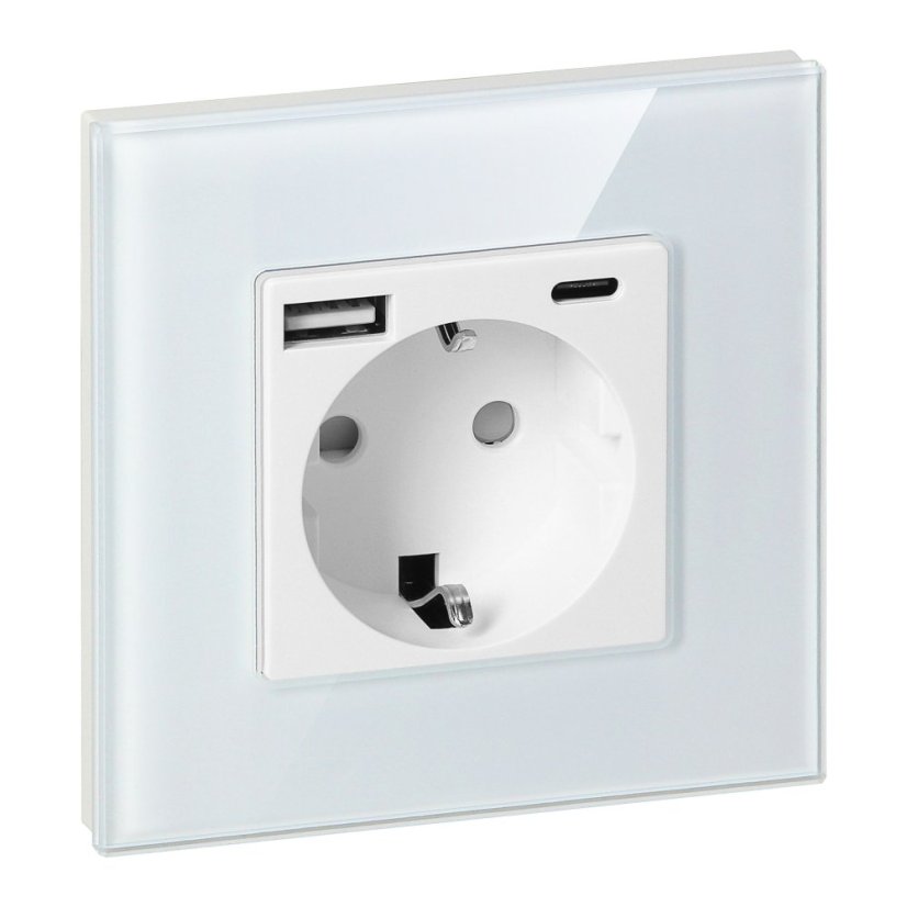 Zásuvka 2P+Z (schuko) s USB-A + USB-C nabíječkou 5VDC /3A, skleněný rameček, barva bílá