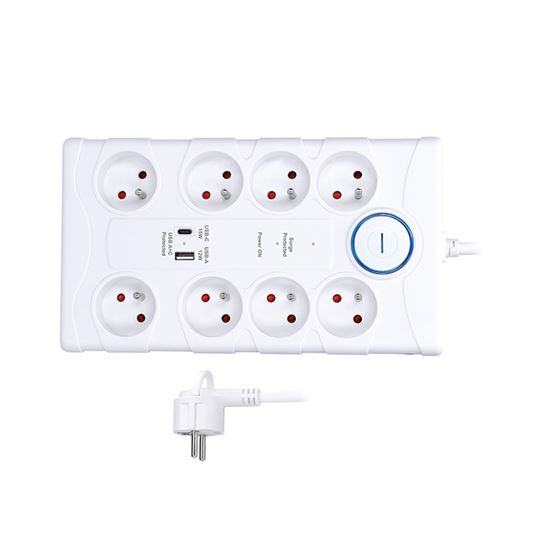 Přepěťová ochrana, 8x zásuvka 230V , USB A+C nabíječka 5V/3.4A, kabel 2m, barva bílá