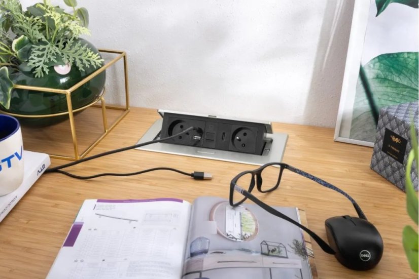 Výklopná zásuvka MULTISOFT, 2x 230V,  USB A/C nabíječka, RJ45, HDMI, barva stříbrná, kabel o délce 1.5m