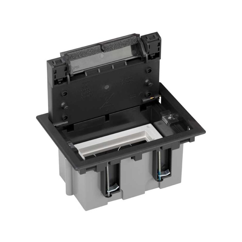 Podlahová zásuvka SF 187x132 mm, 1x 250V/16A + 1x RJ45 cat. 6, barva boxu grafit, pro lité podlahy s kazetou do potěru, vyplnění víka materiálem podlahy
