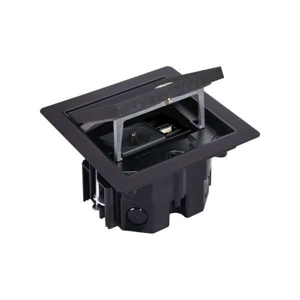 Robustní podlahová zásuvka 1x 250V/16A + 1x port RJ45 cat.6, jednoduchý zámek, krytí IP66, pro zvýšené podlahy, barva černá matná