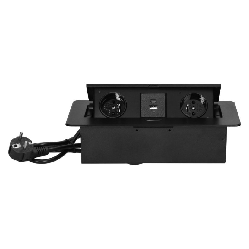 Výklopný zásuvkový blok s frézovaným krytem, 2x zásuvka 230V, 2x USB A+C nabíječka 5V / 3.6A , kabel 1.5m, barva černá