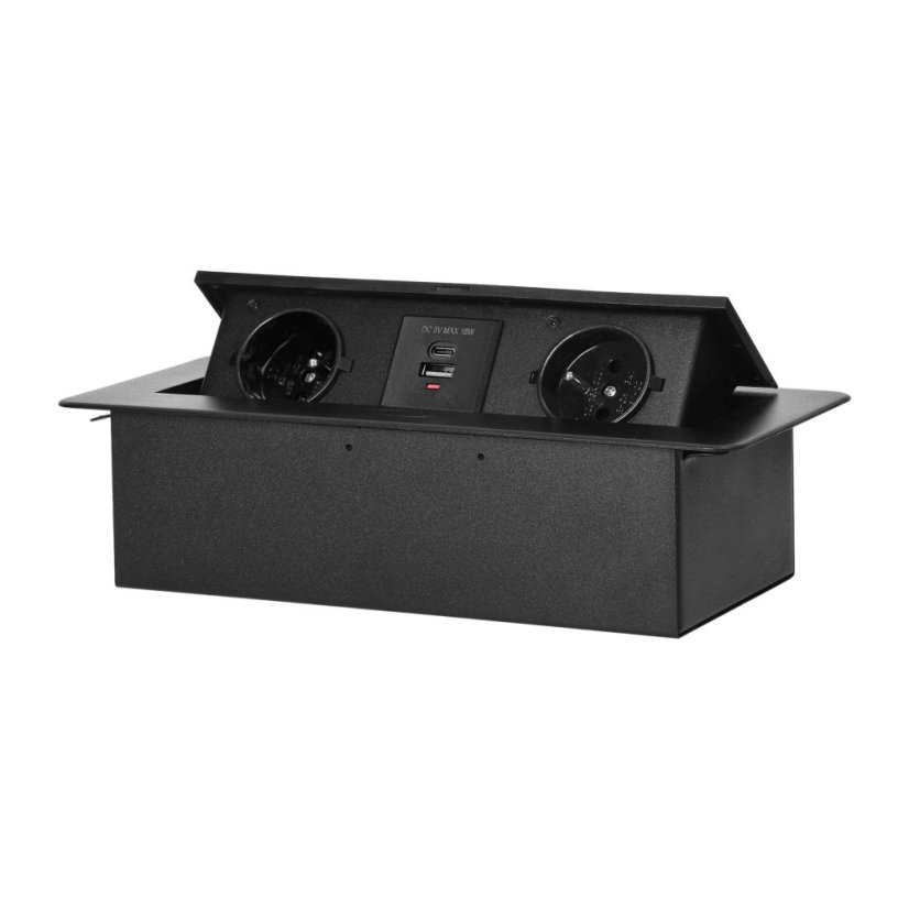 Výklopný zásuvkový blok s frézovaným krytem, 2x zásuvka 230V, 2x USB A+C nabíječka 5V / 3.6A , bez kabelu, barva černá