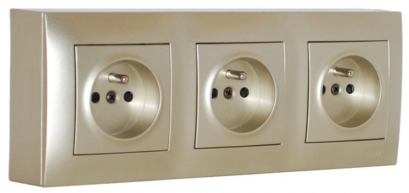 Zásuvkový blok nástěnný 3x 250V/16A s clonkami, bez kabelu, barva zlatá metalíza