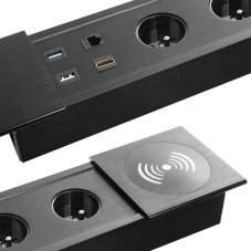 Zásuvkový blok 2 x 250V, 1x USB 2.0, 1x USB 3.0, 1x HDMI, 1x RJ45, indukční nabíječka, kabel 1.5m, černá barva