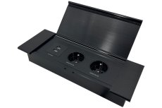 Zásuvkový blok s výklopným krytom, 2x 230V, 2x USB nabíjačka A+C 3.6A, kábel 1.5m, farba čierna