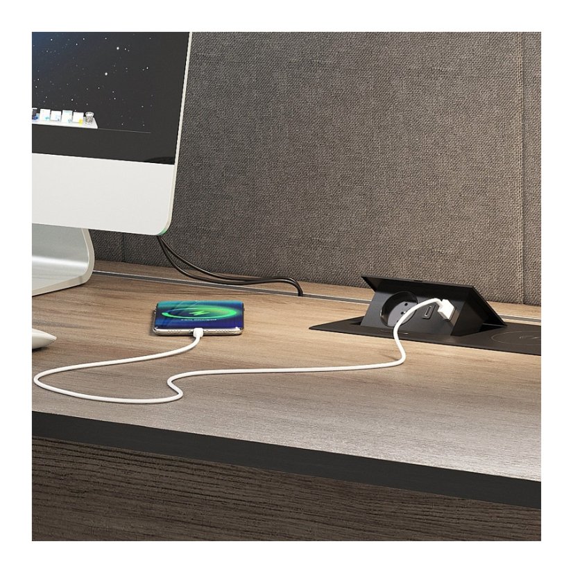 Výklopná zásuvka ZEOBOX, 1x 230V, indukční a 2x USB A+C nabíječka, kabel 1.5m, barva černá