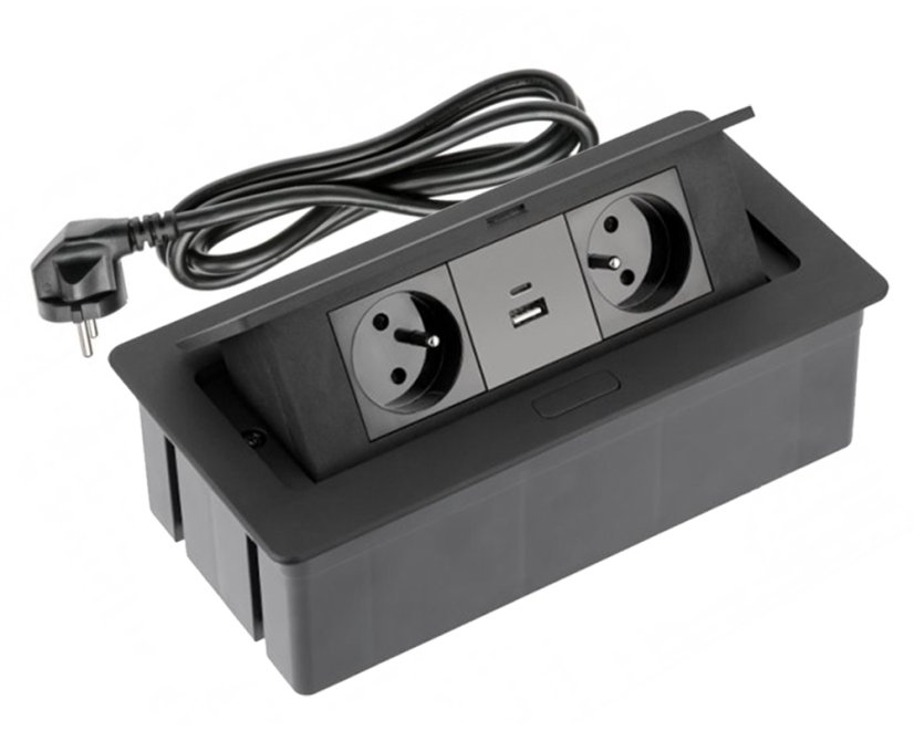 Výklopná zásuvka 2x 230V, 2x USB A+C nabíjecí 15W, barva černá, kabel o délce 1.5m
