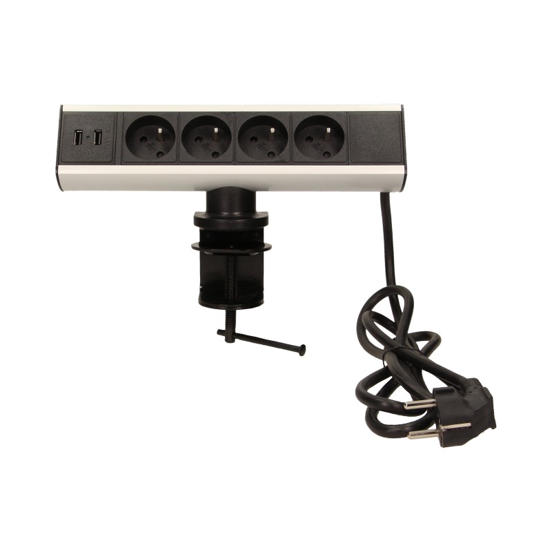 Zásuvkový box se svorkou, 4x zásuvka, 2x USB, kabel 1.8m