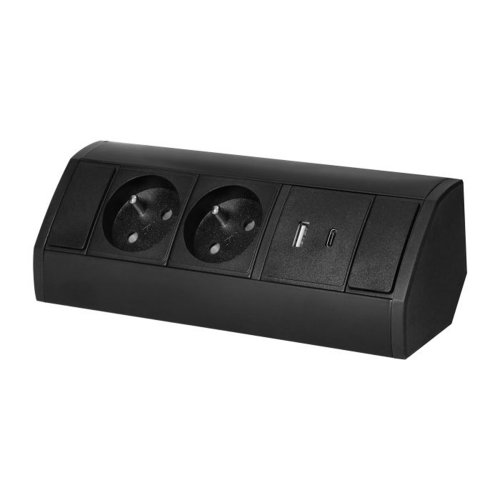 Rohový zásuvkový blok, 2x zásuvka 230V + 2x USB nabíječka A+C 5V, barva černá