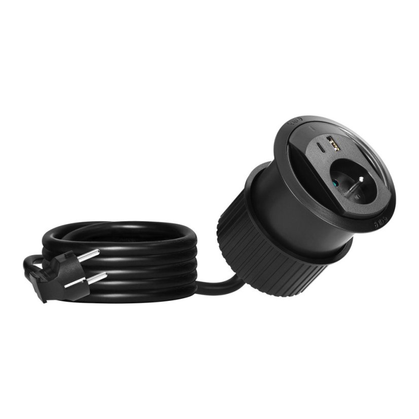 Nábytková zásuvka 1x 230V s nabíječkou USB A+C PD20W a kabelovou průchodkou, kabel 1.4 m, barva černá