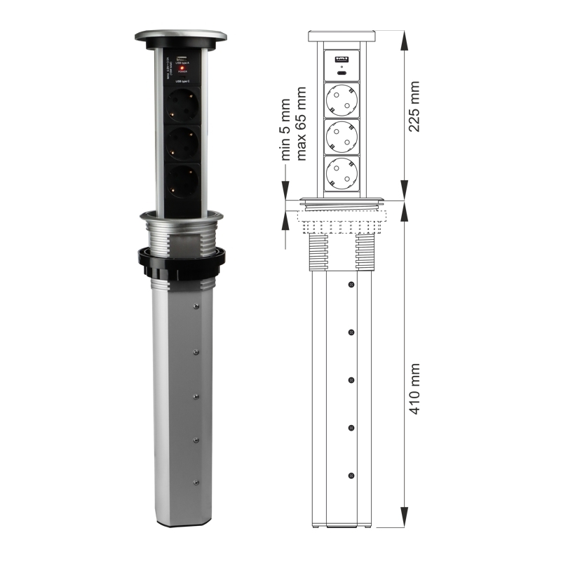 Automaticky výsuvný blok LIFT BOX USB, 3x zásuvka 230V (verze schuko), USB A+C nabíječka, kabel 2m, barva stříbrná