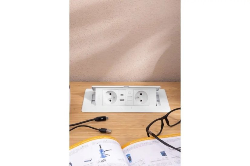 Výklopná zásuvka MULTISOFT, 2x 230V,  USB A/C nabíječka, RJ45, barva bílá, kabel o délce 1.5m