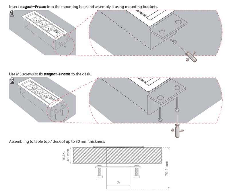 Vestavná zásuvka MAGNAT-FRAME,  3× 230 V + 1× USB-A/C nabíječka, barva černá, kabel 2m