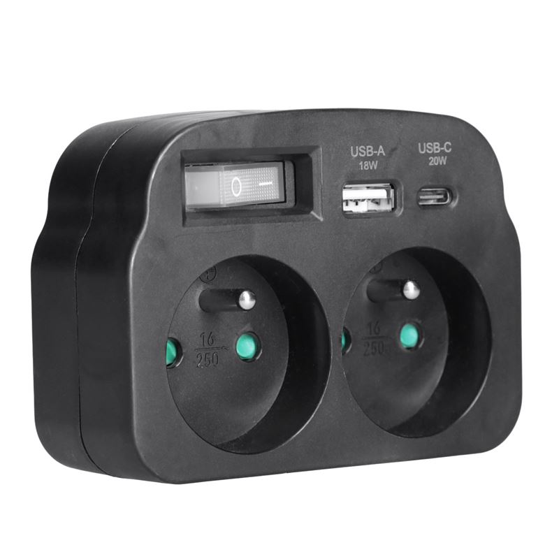 Zásuvková rozdvojka 2× 230 V + nabíječka USB-A + USB-C PD 20 W s vypínačem, černá