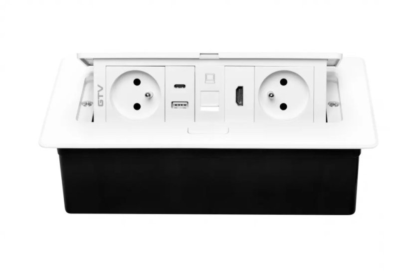 Výklopná zásuvka MULTISOFT, 2x 230V,  USB A/C nabíječka, RJ45, HDMI, barva bílá, kabel o délce 1.5m