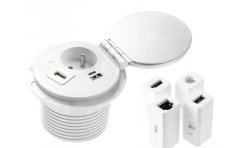 Zásuvka CHARGER PLUS, 1x 230V, indukčná a USB A+C nabíjačka, vymeniteľné zásuvky USB-A, HDMI, RJ-45, farba biela