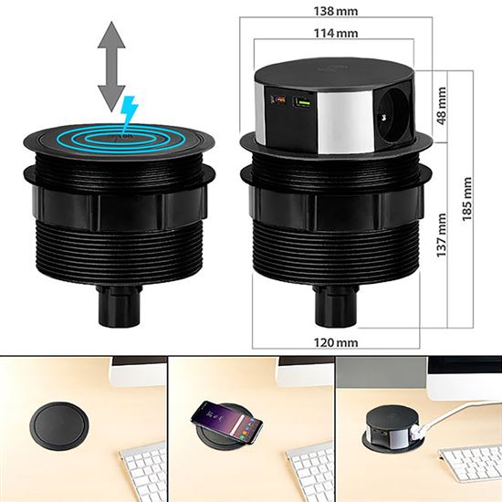 Výsuvný blok zásuvek, 3x zásuvka 230V, USB rychlonabíjení A+C 20W Power Delivery, bezdrátová nabíječka 10W Qi, kabel 2m, barva černá