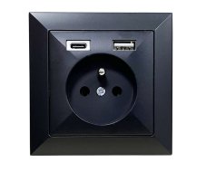Zásuvka v rámečku, 1× 230 V / 16 A s USB A+C nabíječkou, série Pearl, pod omítku, barva černá