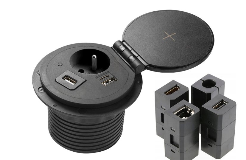 Zásuvka CHARGER PLUS, 1x 230V, indukční a USB A+C nabíječka, vyměnitelné zásuvky USB-A, HDMI, RJ-45, barva černá