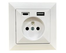 Zásuvka v rámečku, 1× 230 V / 16 A s USB A+C nabíječkou, série Pearl, pod omítku, barva bílá