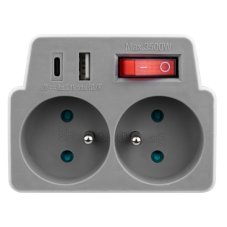 Elektrická rozbočka s vypínačem, 2 zásuvky, USB-A + USB-C nabíječka, bílo-šedá