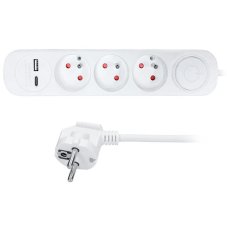 Predlžovačka 3 zásuvky, 2x USB 2.4A+C 20W PD, biela s vypínačom, kábel 2m